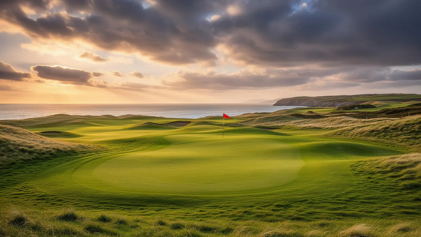 Coastal links golf green at golden hour