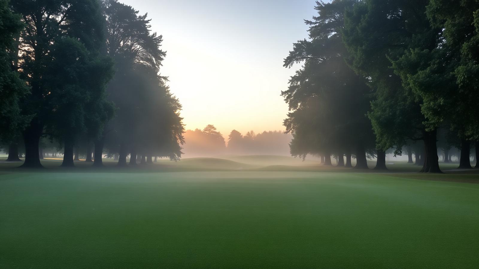 Misty parkland fairway at sunrise